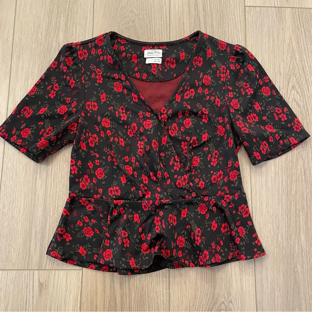 Anthropologie Black and Red Floral Blouse